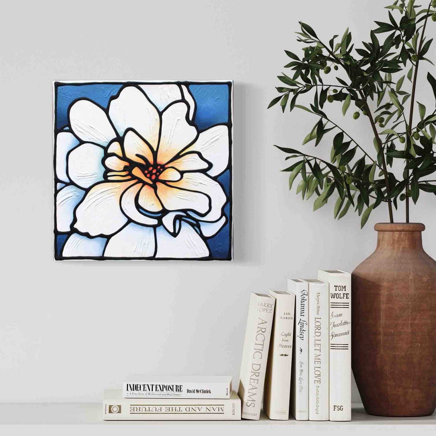 White Begonia Flower Original Painting 12" x 12" inch