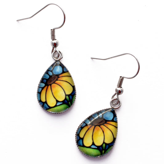 Yellow Sunflower Teardrop Earrings