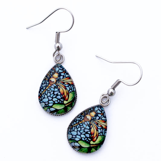 Orange Dragonfly Teardrop Earrings