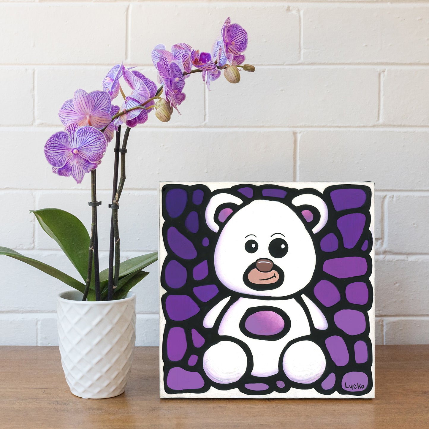 White Teddy Bear Painting 8" x 8"