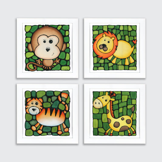 Jungle Animal Set of 4 Prints, Monkey, Lion, Giraffe, Tiger