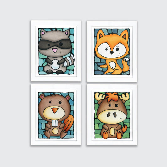 Woodland Animal Set of 4 Prints, Raccoon, Beaver, Fox, Moose
