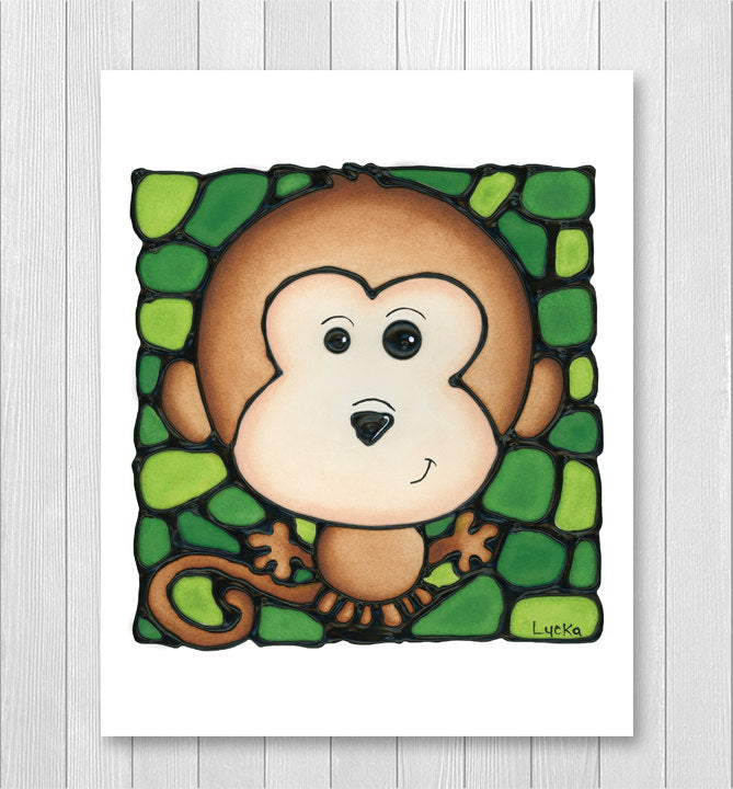 Jungle Animal Set of 4 Prints, Monkey, Lion, Giraffe, Tiger