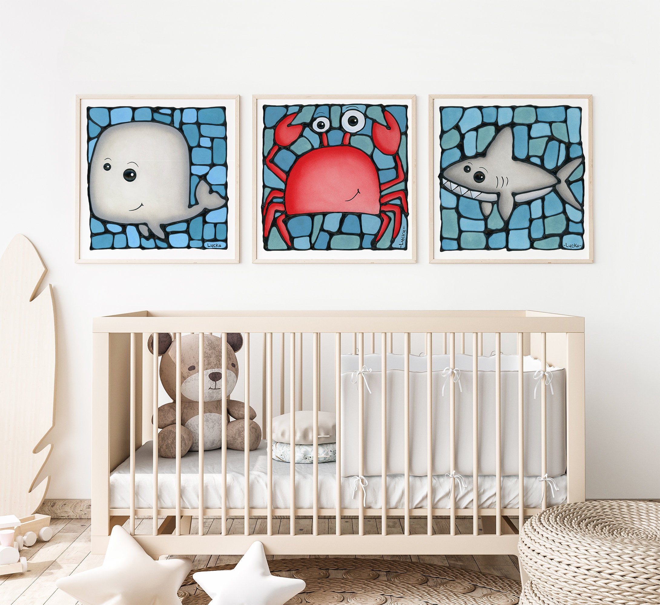 Under the Sea Set of 3 Nursery Wall Art Prints, Shark, Crab & Whale