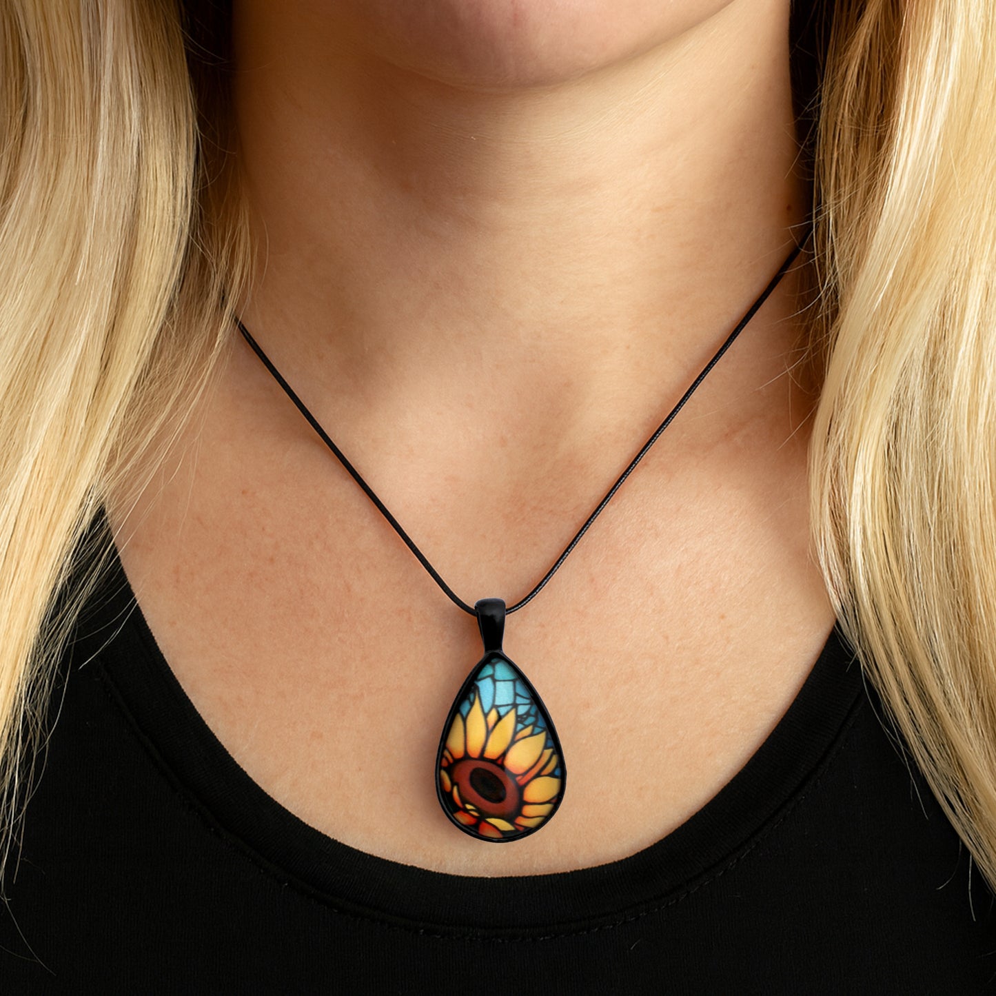 Orange Sunflower Black Teardrop Necklace