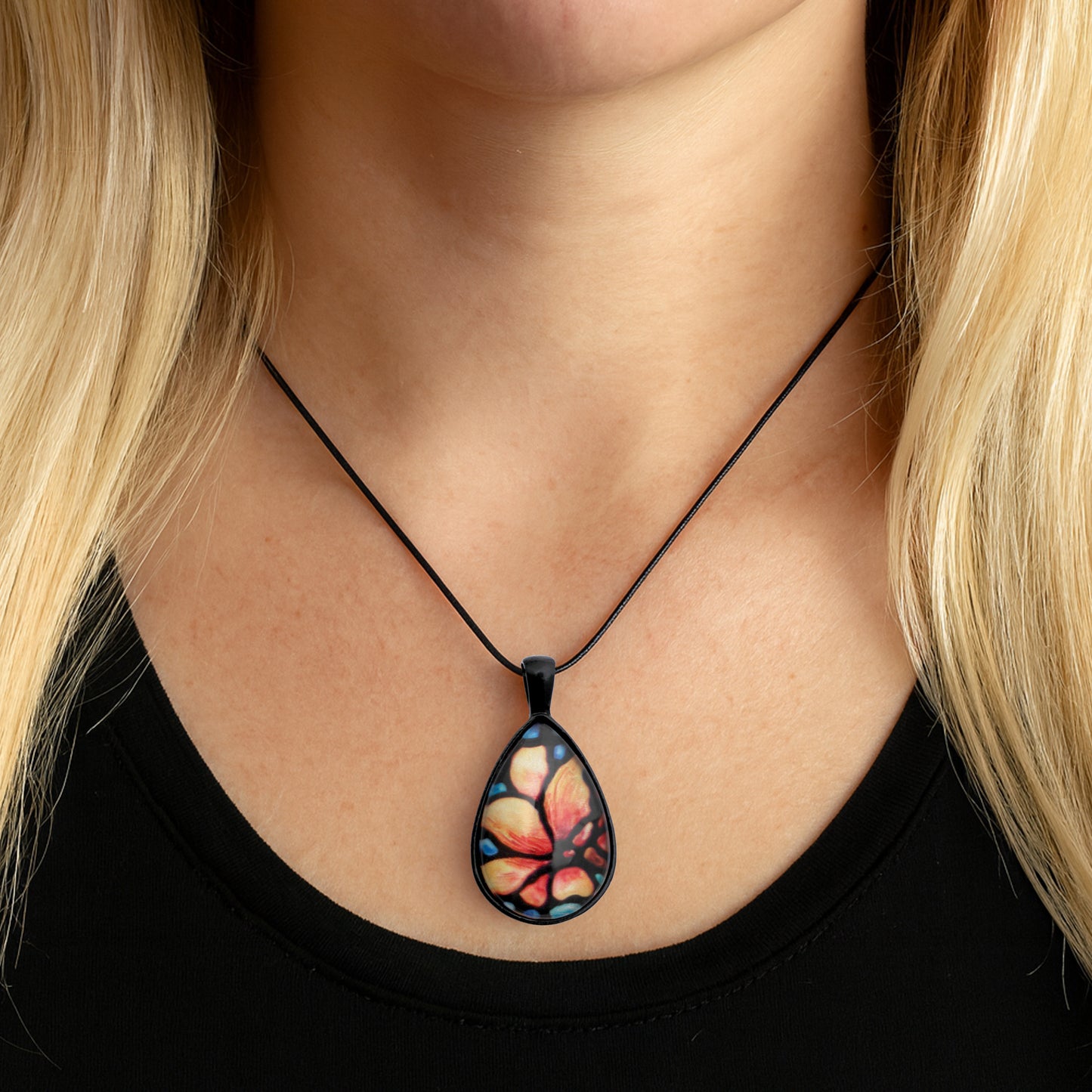 Peach Magnolia Flower Black Teardrop Necklace