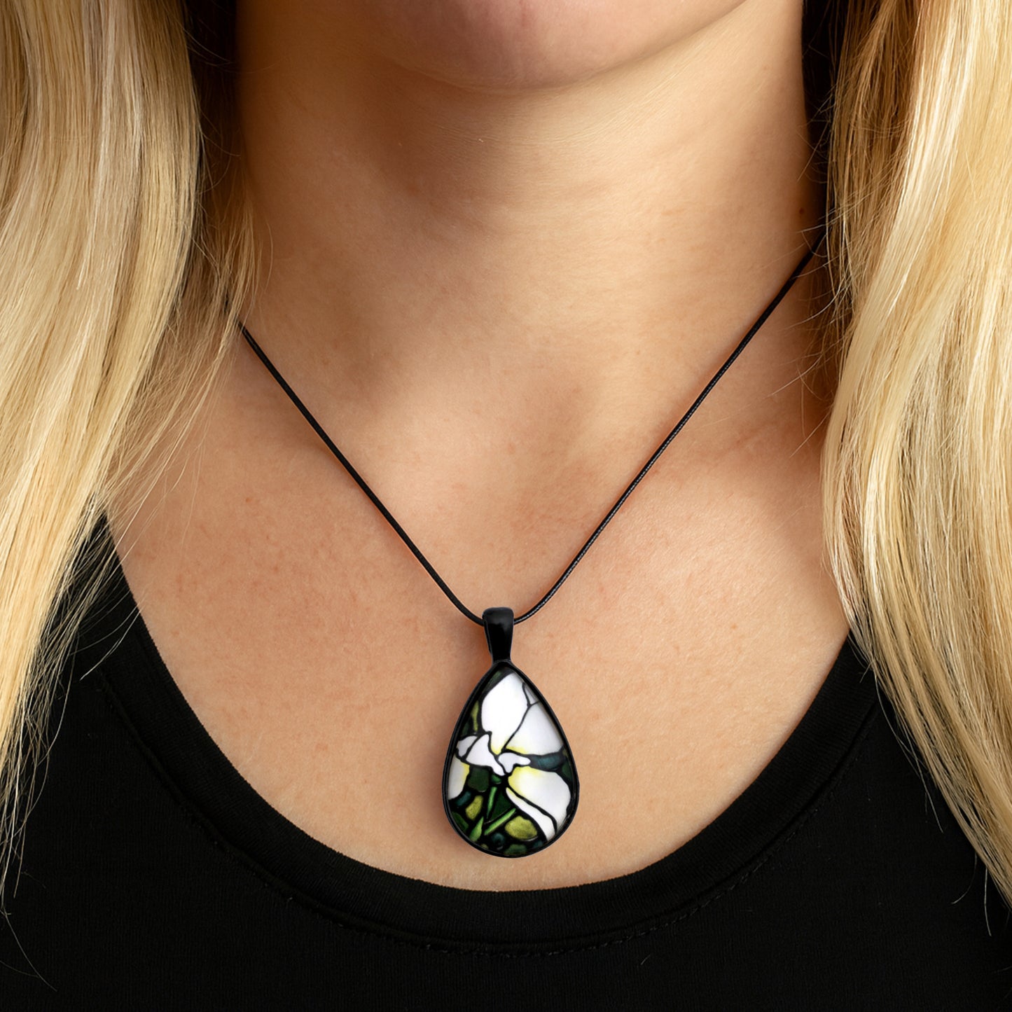 White Iris Black Glass Teardrop Necklace