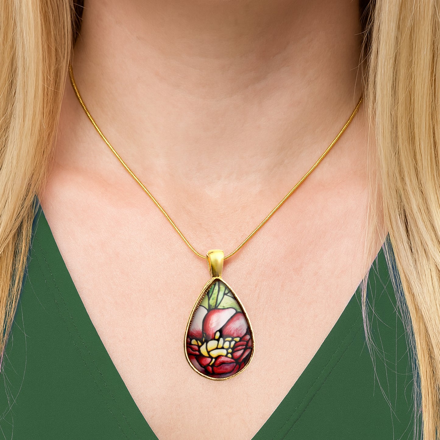 Red Peony Flower Gold Teardrop Necklace