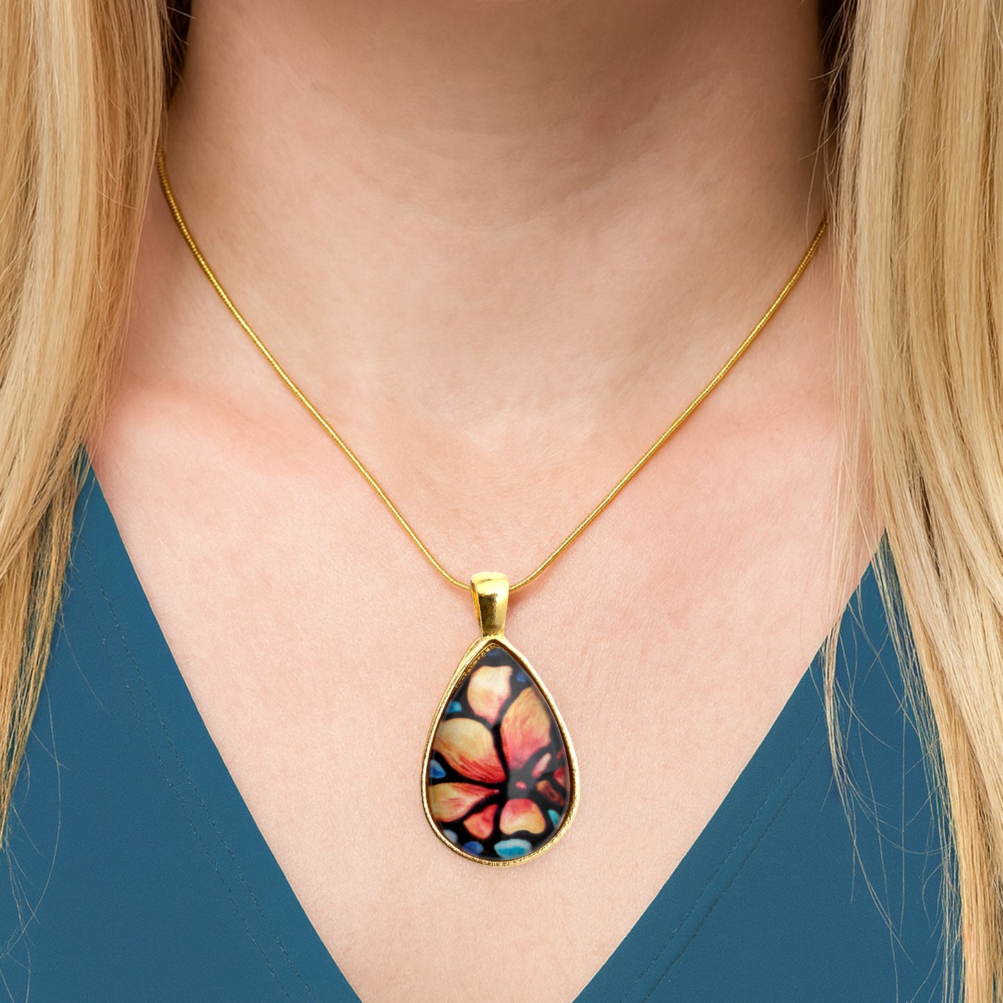Peach Magnolia Flower Gold Teardrop Necklace