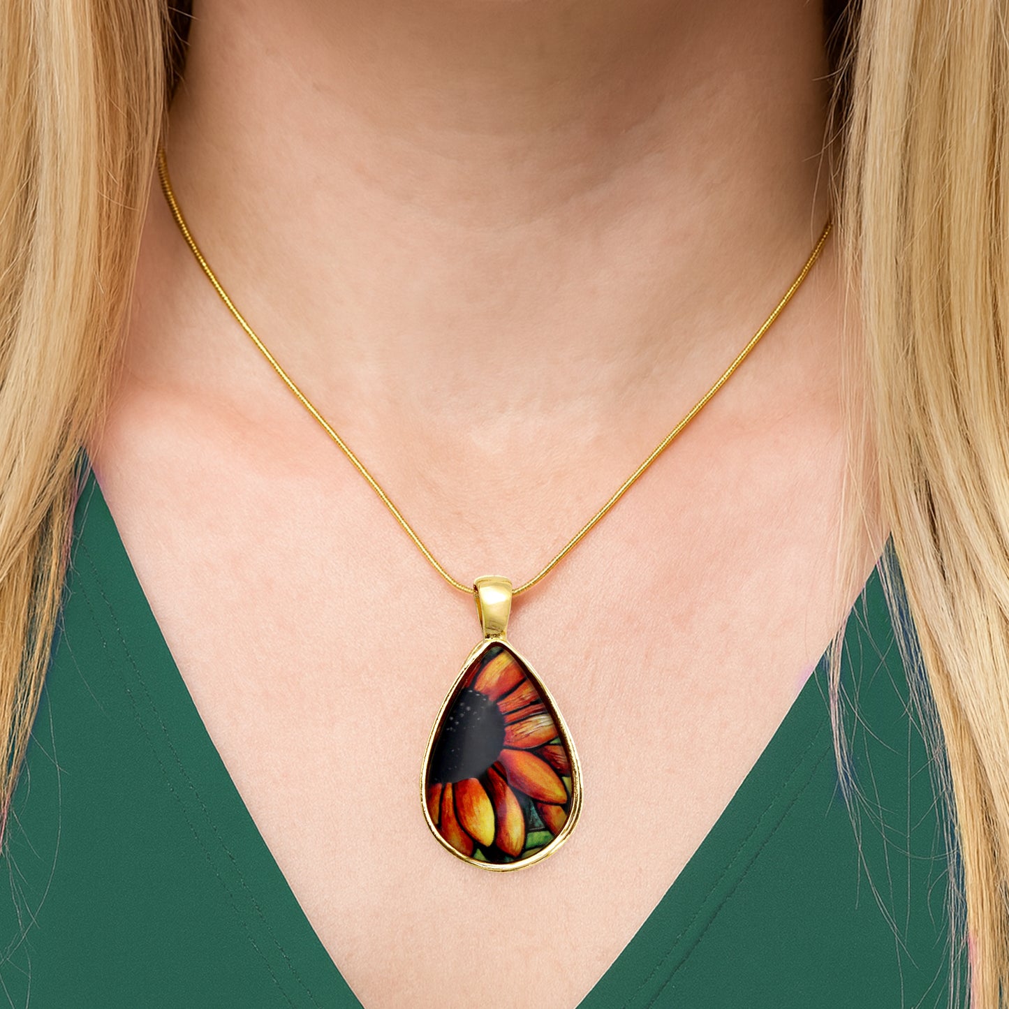 Red Sunflower Gold Teardrop Necklace
