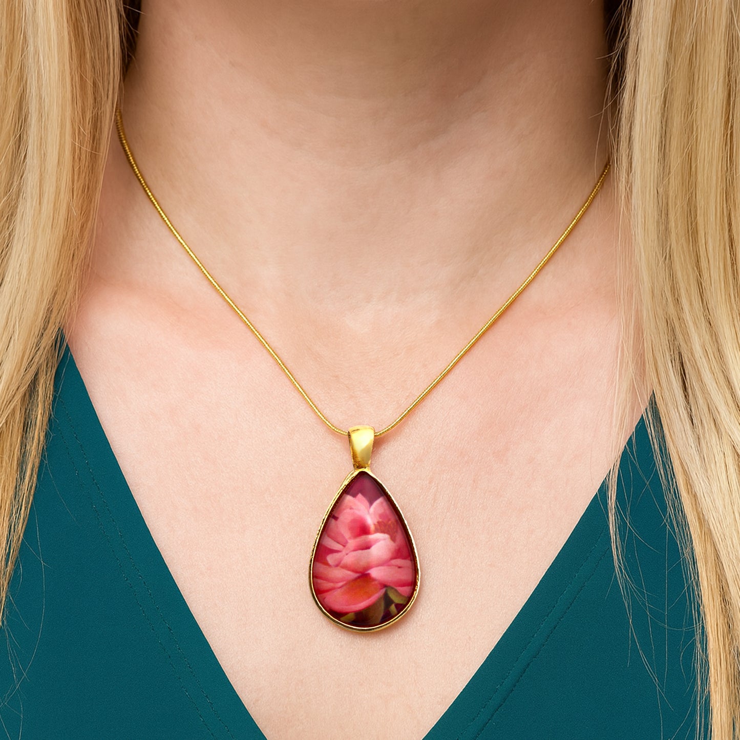 Pink Peony Gold Teardrop Necklace