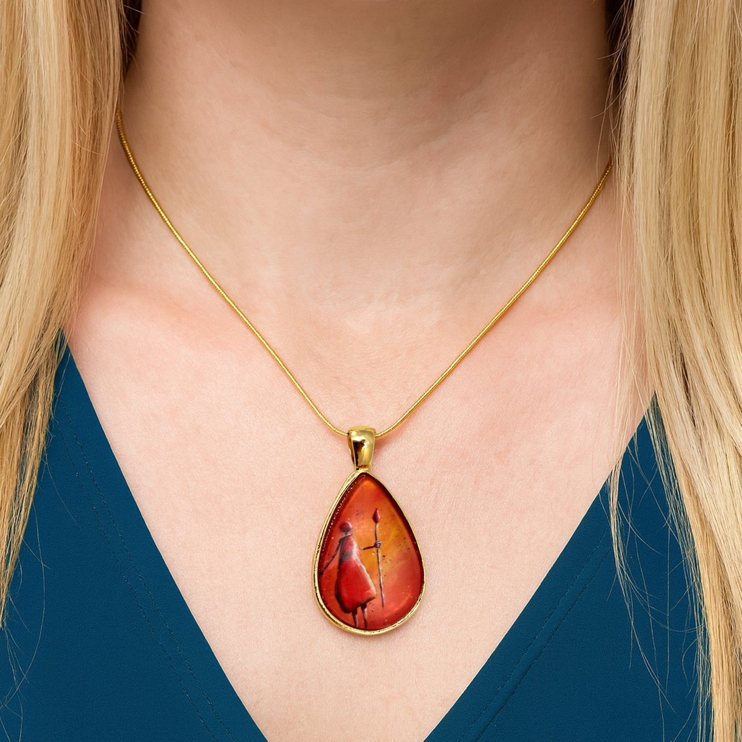 Female Warrior Gold Teardrop Necklace
