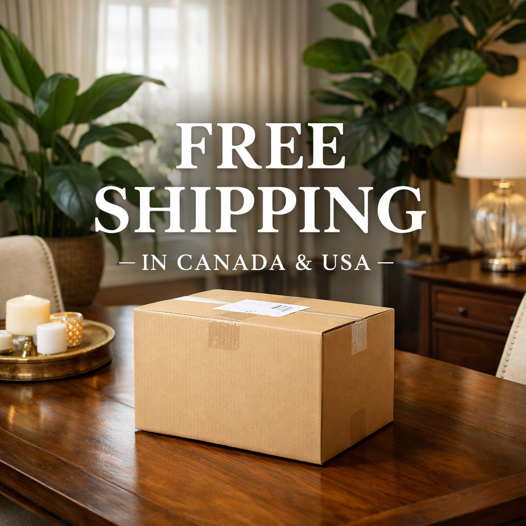 Cardboard box on a wooden table with 'Free Shipping' text in a home setting