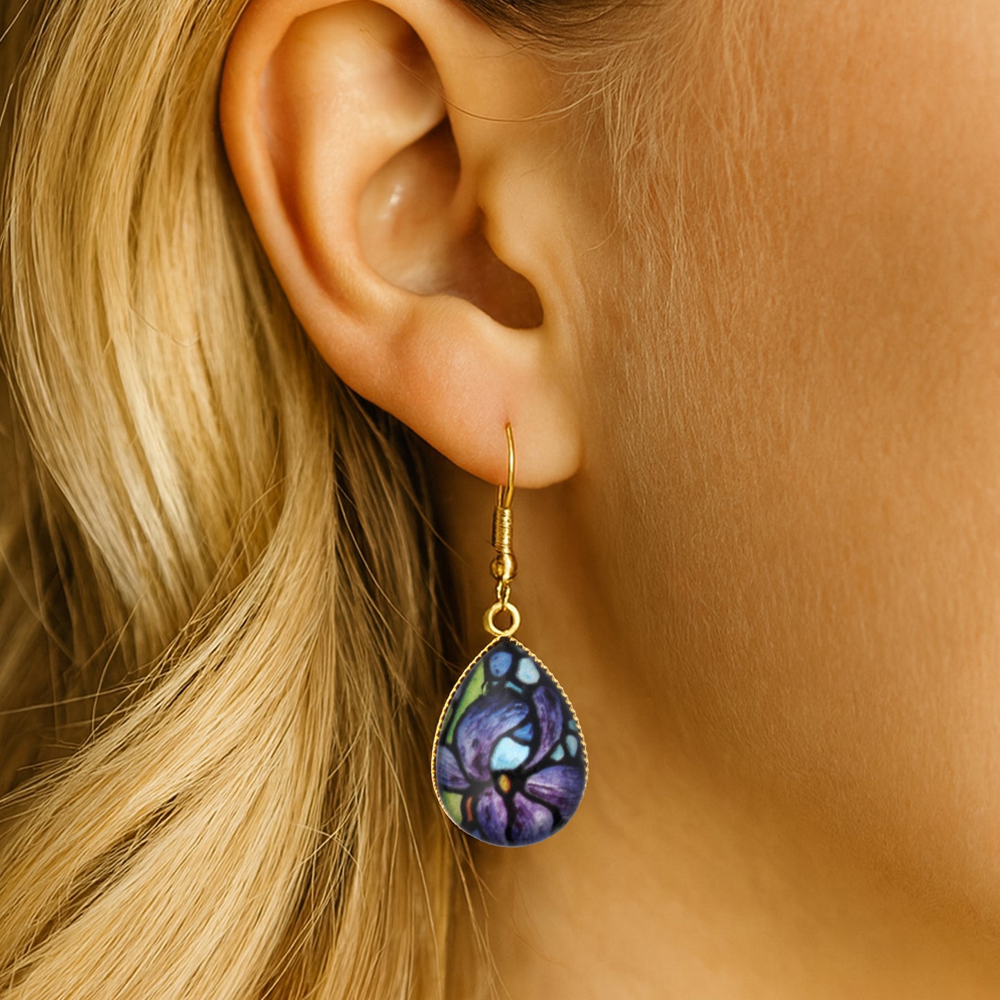 Single Iris Flower Gold Teardrop Glass Earrings