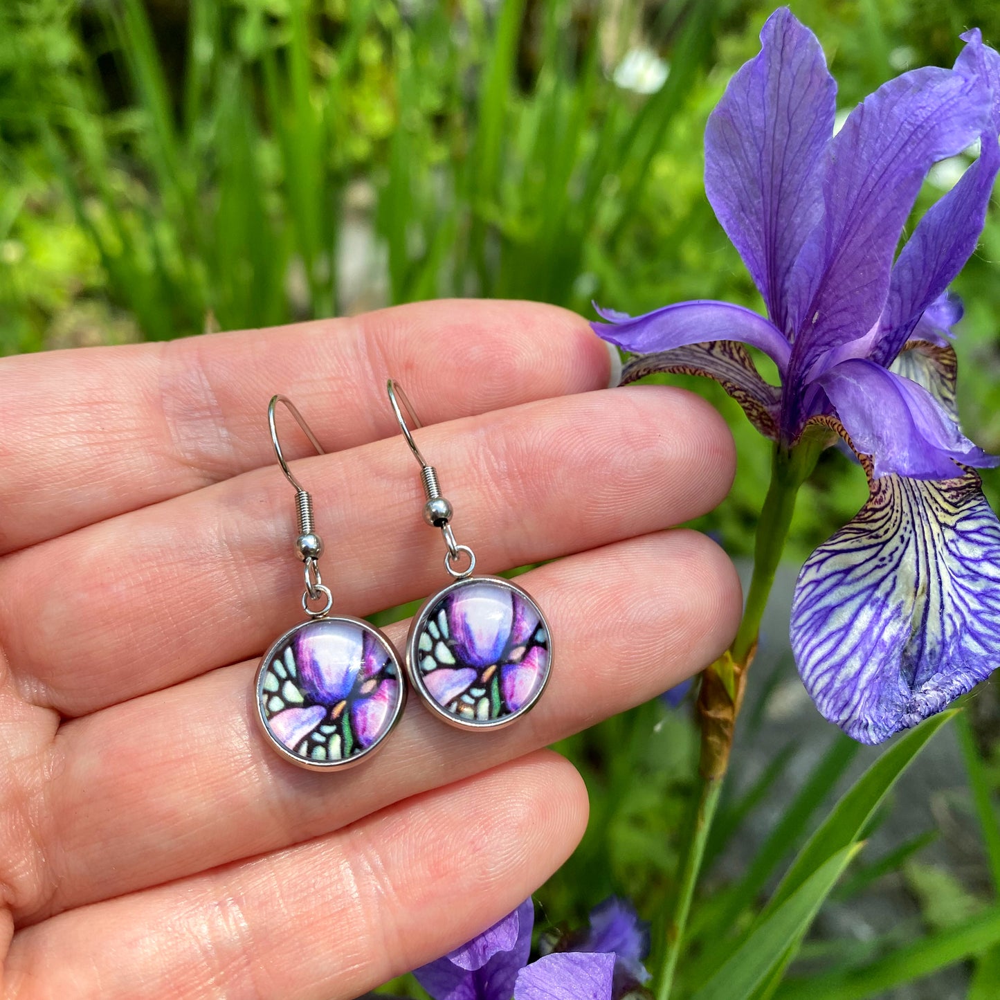 Purple Iris Flower Circle Dangle Earrings