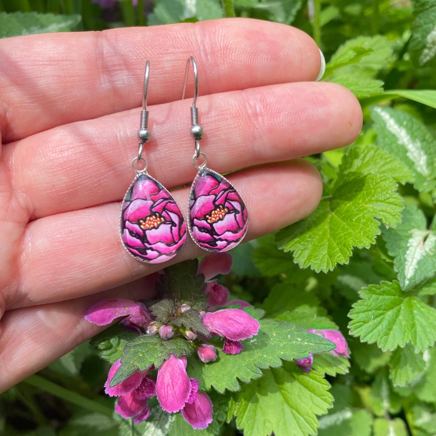 Pink Peony Flower Teardrop Earrings