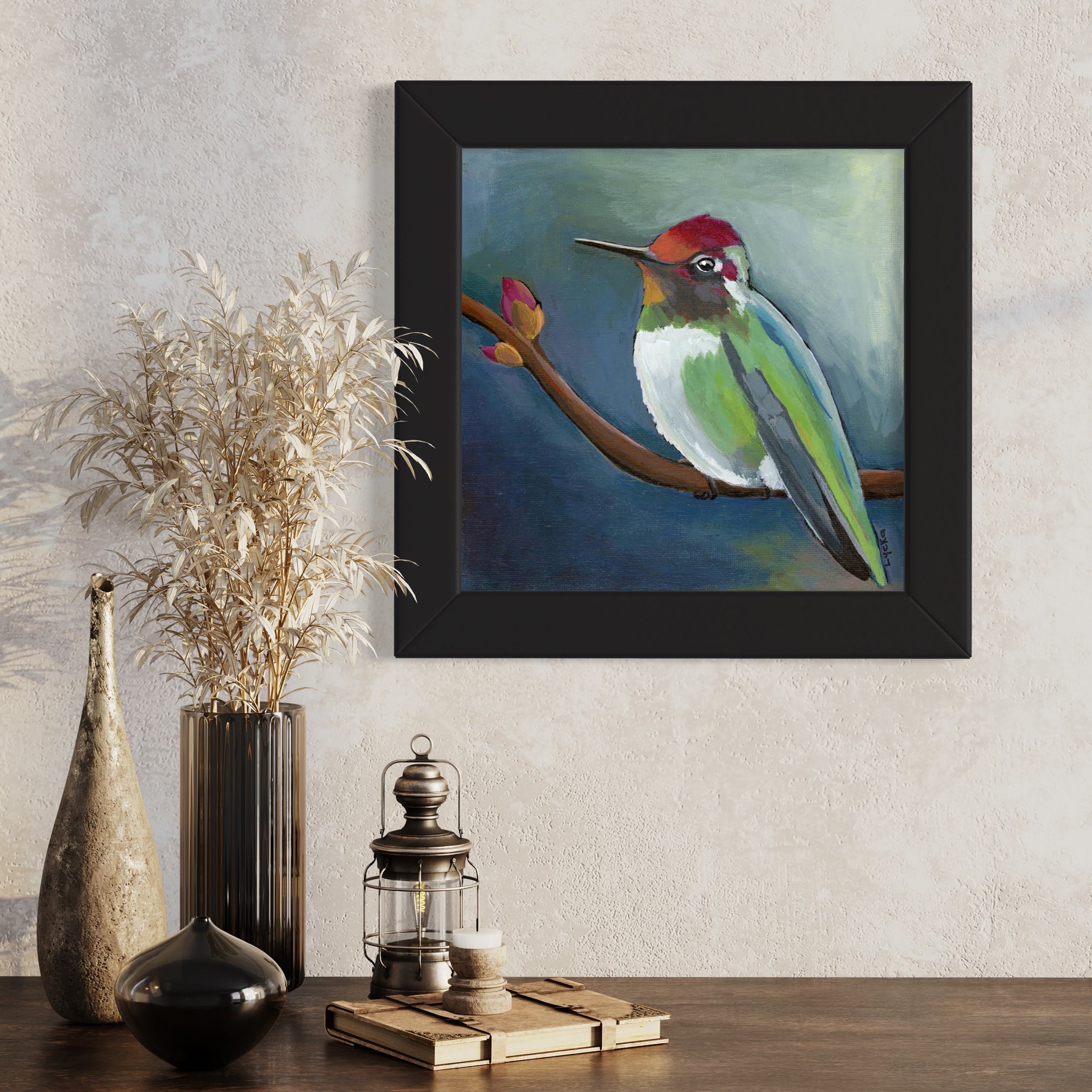 Hummingbird Original Painting Framed 10 x 10 inch