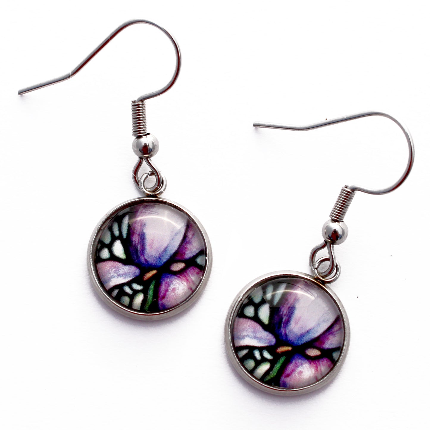 Purple Iris Flower Circle Dangle Earrings