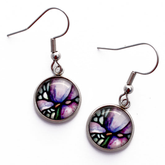 Purple Iris Flower Circle Dangle Earrings