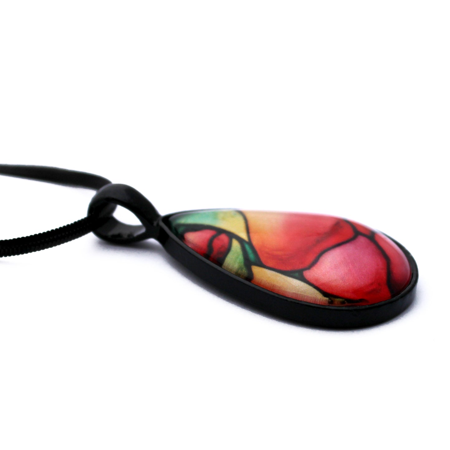 Pink Rose Black Glass Teardrop Necklace