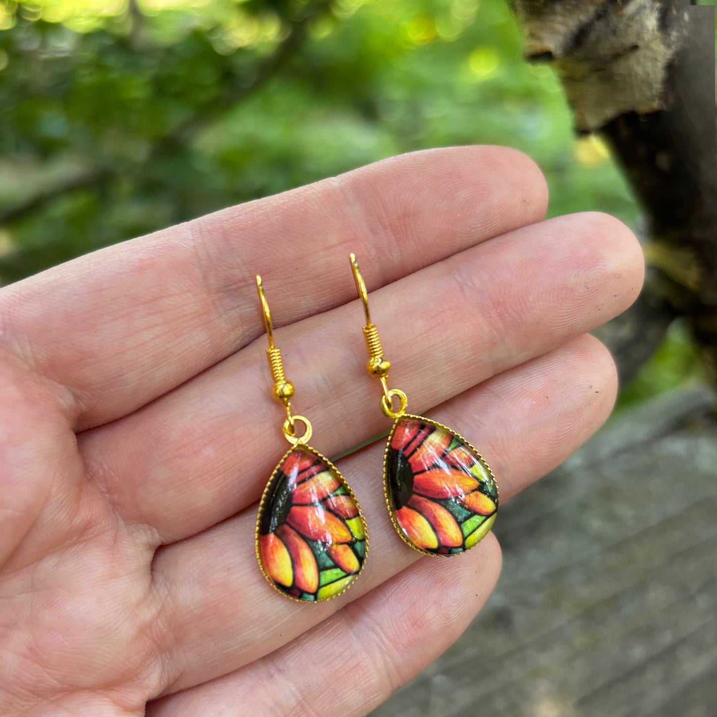Red Sunflower Gold Teardrop Earrings
