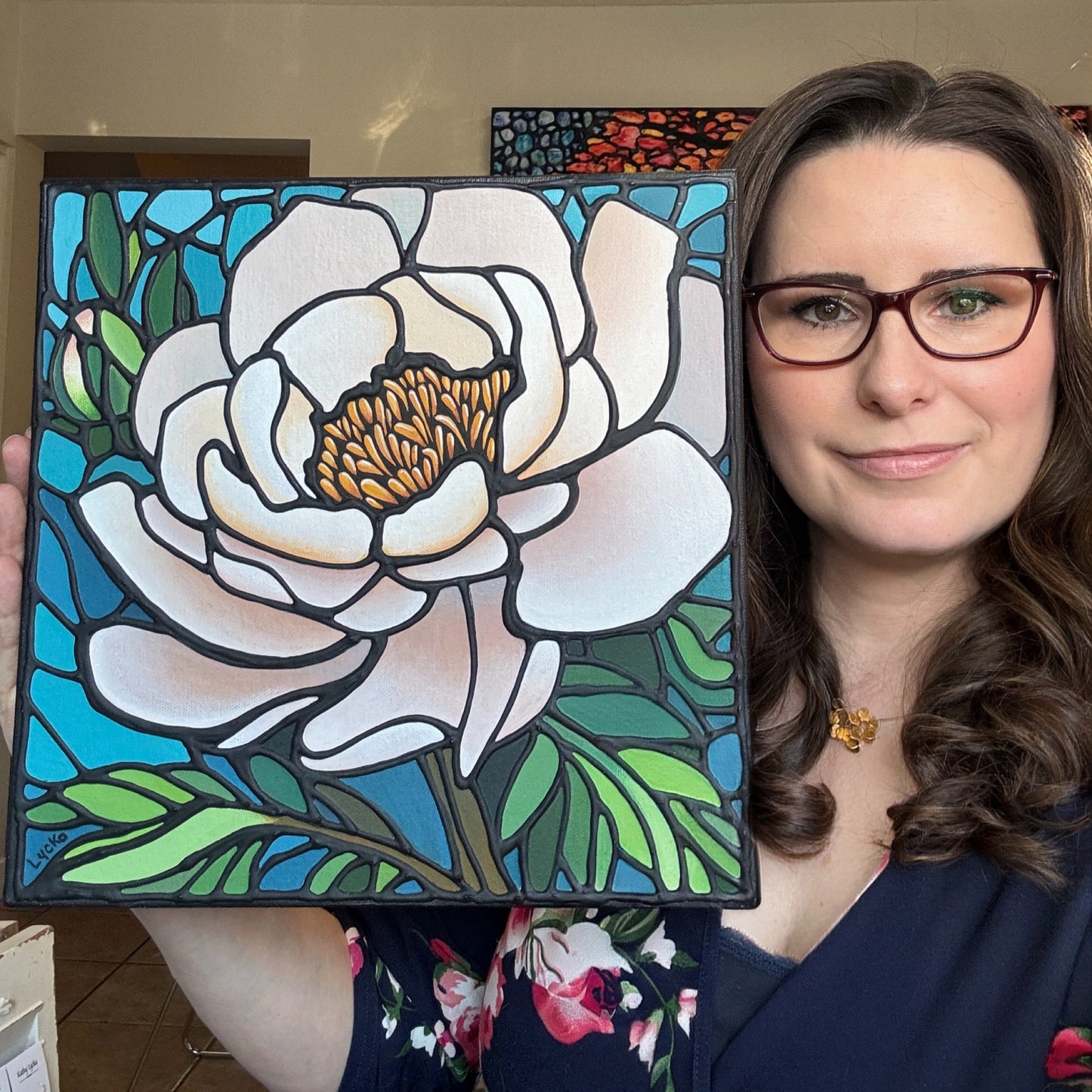 White Peony Flower Original Painting 12 x 12 inch