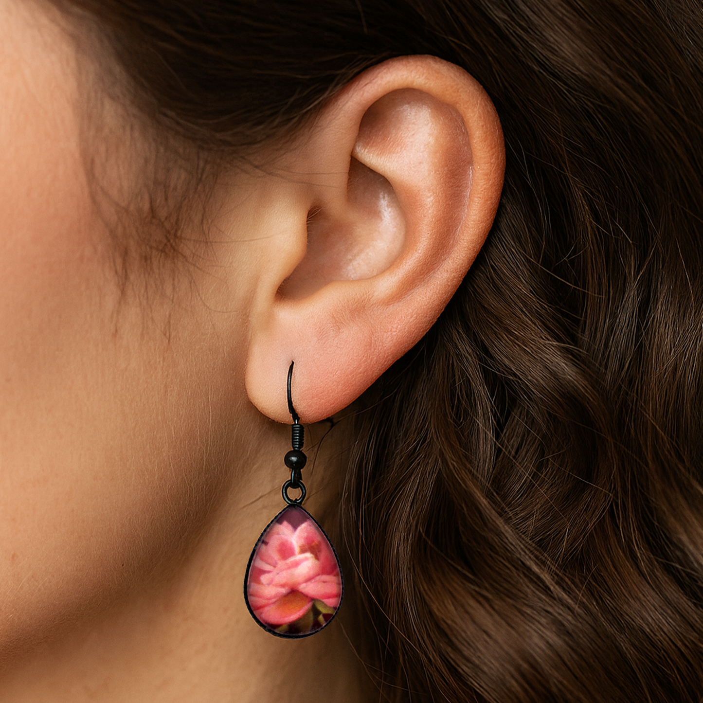 Soft Peony Black Teardrop Earrings
