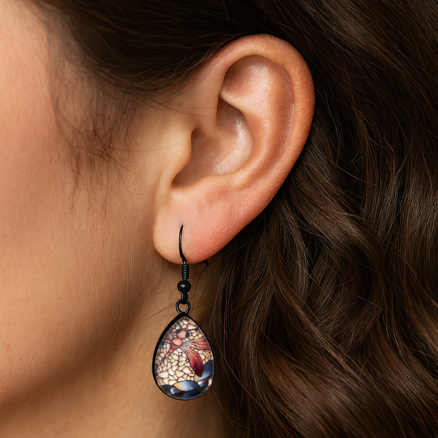 Red Dragonfly Black Teardrop Glass Earrings