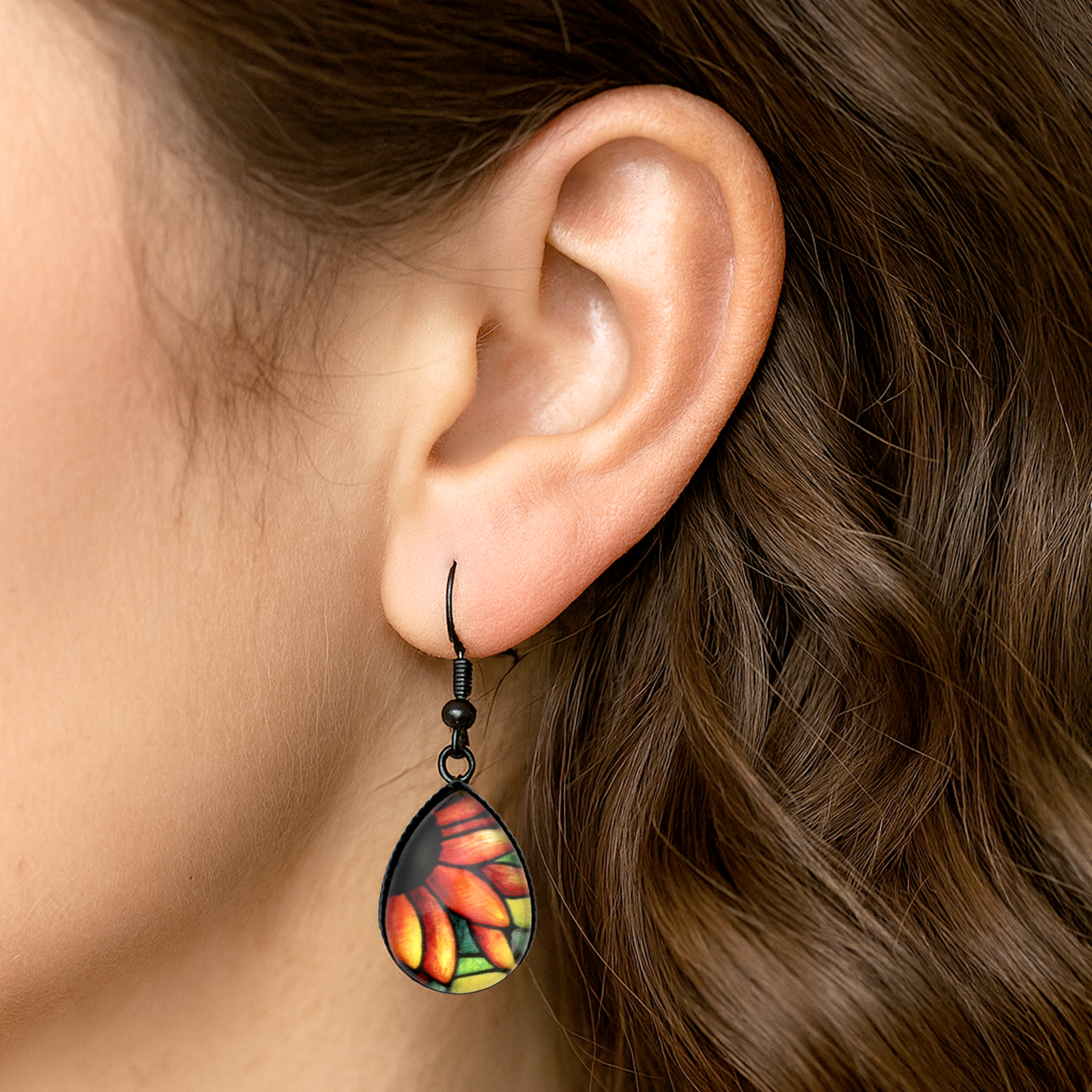 Red Sunflower Black Teardrop Glass Earrings