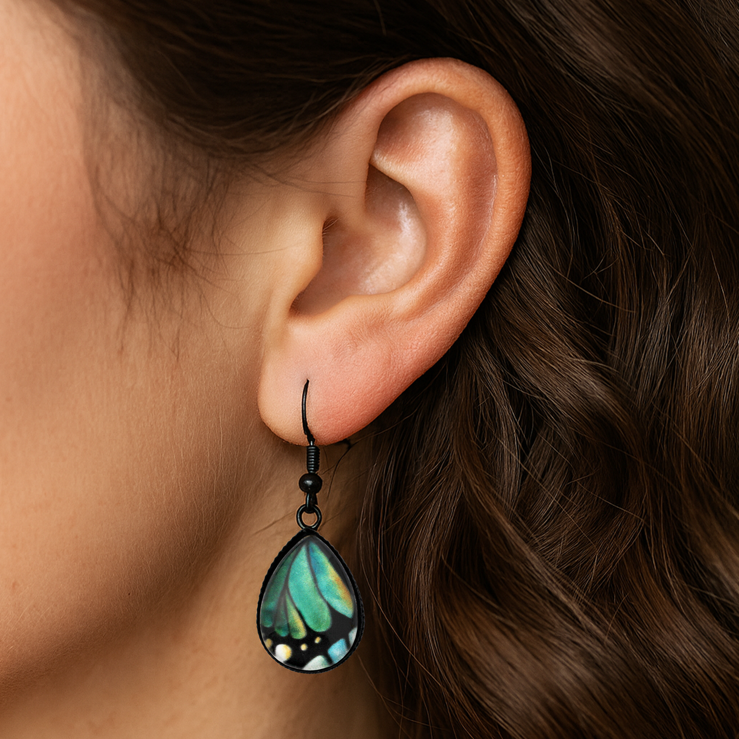 Teal Butterfly Wing Black Teardrop Glass Earrings