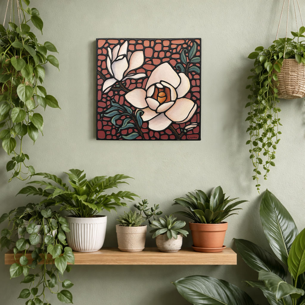 White Magnolia Flower Original Painting 12 x 12 inch