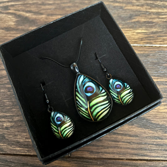 Peacock Black Teardrop Jewellery Set