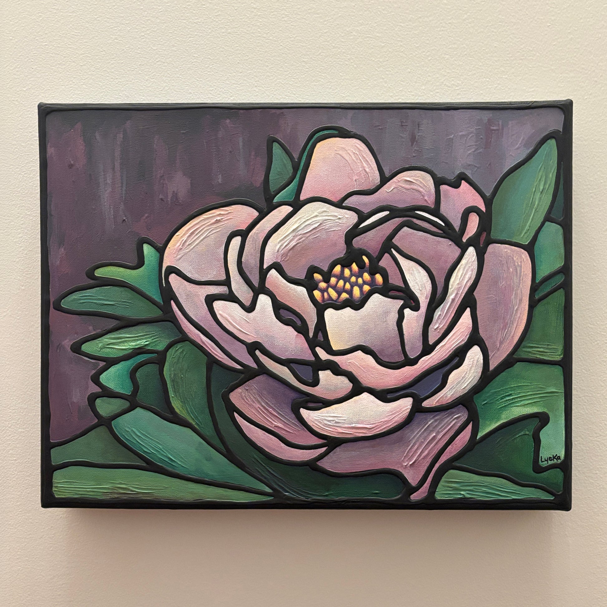 Stained glass style white peony flower acrylic painting with bold black outlines, green leaves, and textured mauve background on a beige wall. 