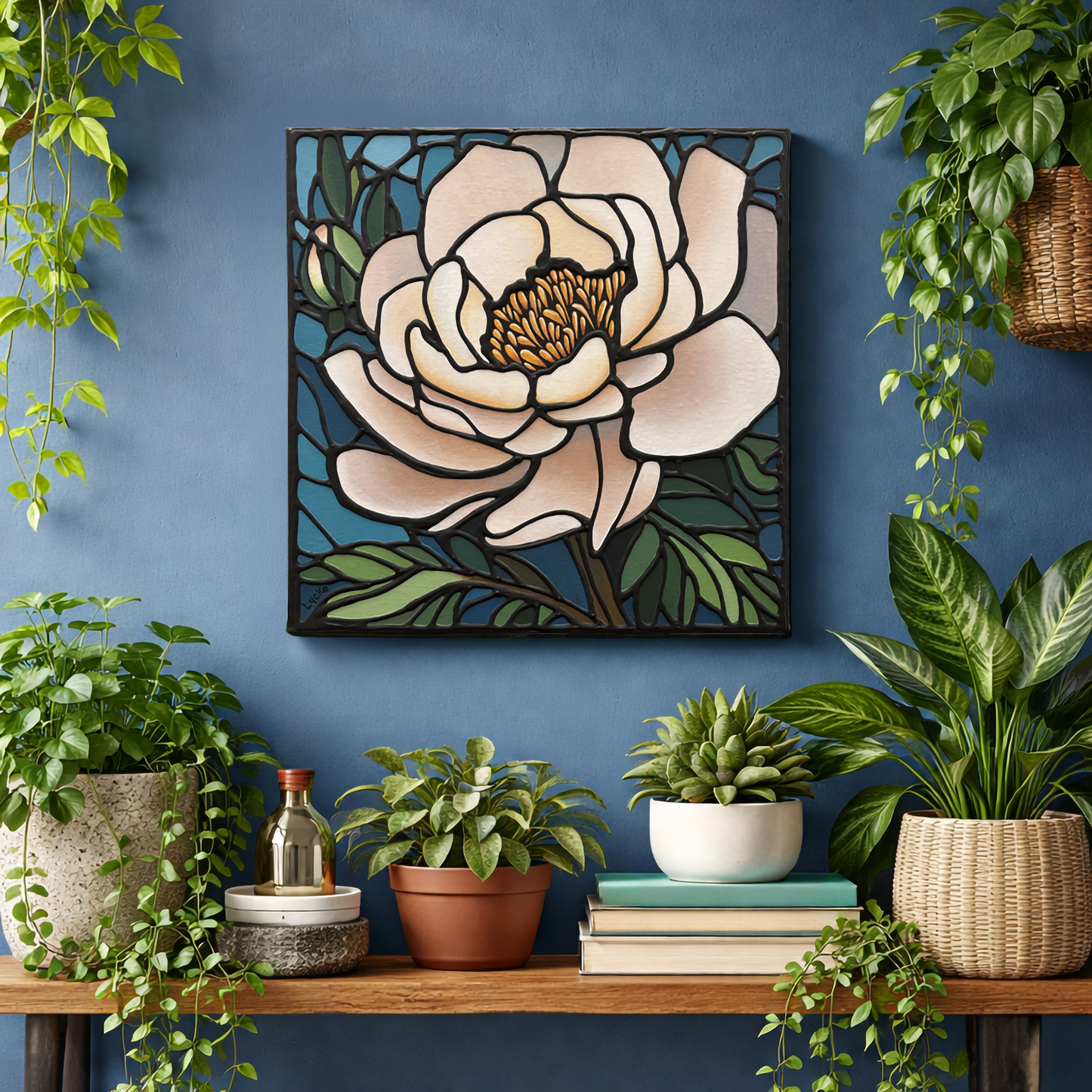 White Peony Flower Original Painting 12 x 12 inch