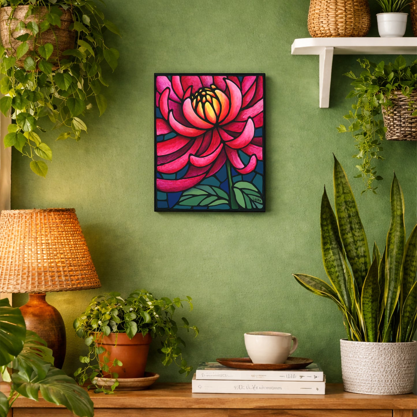 Decorative pink chrysanthemum flower original painting on a green wall with plants and a lamp.