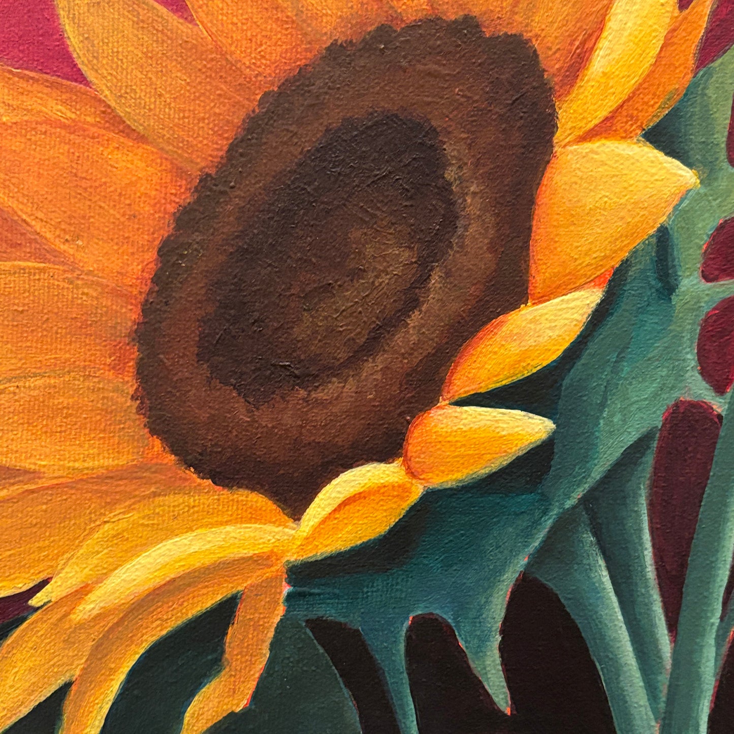 3 Sunflowers Flowers Original Painting 12 x 12 inch