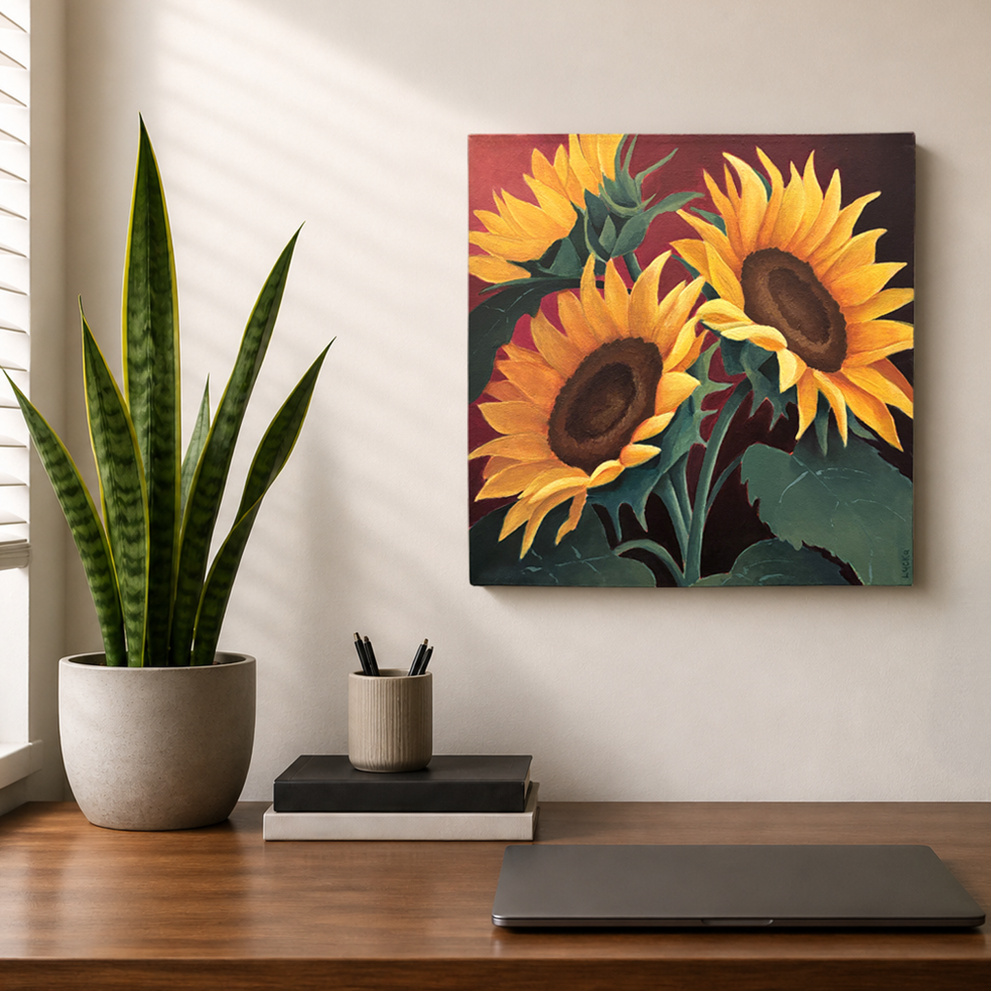 3 Sunflowers Flowers Original Painting 12 x 12 inch