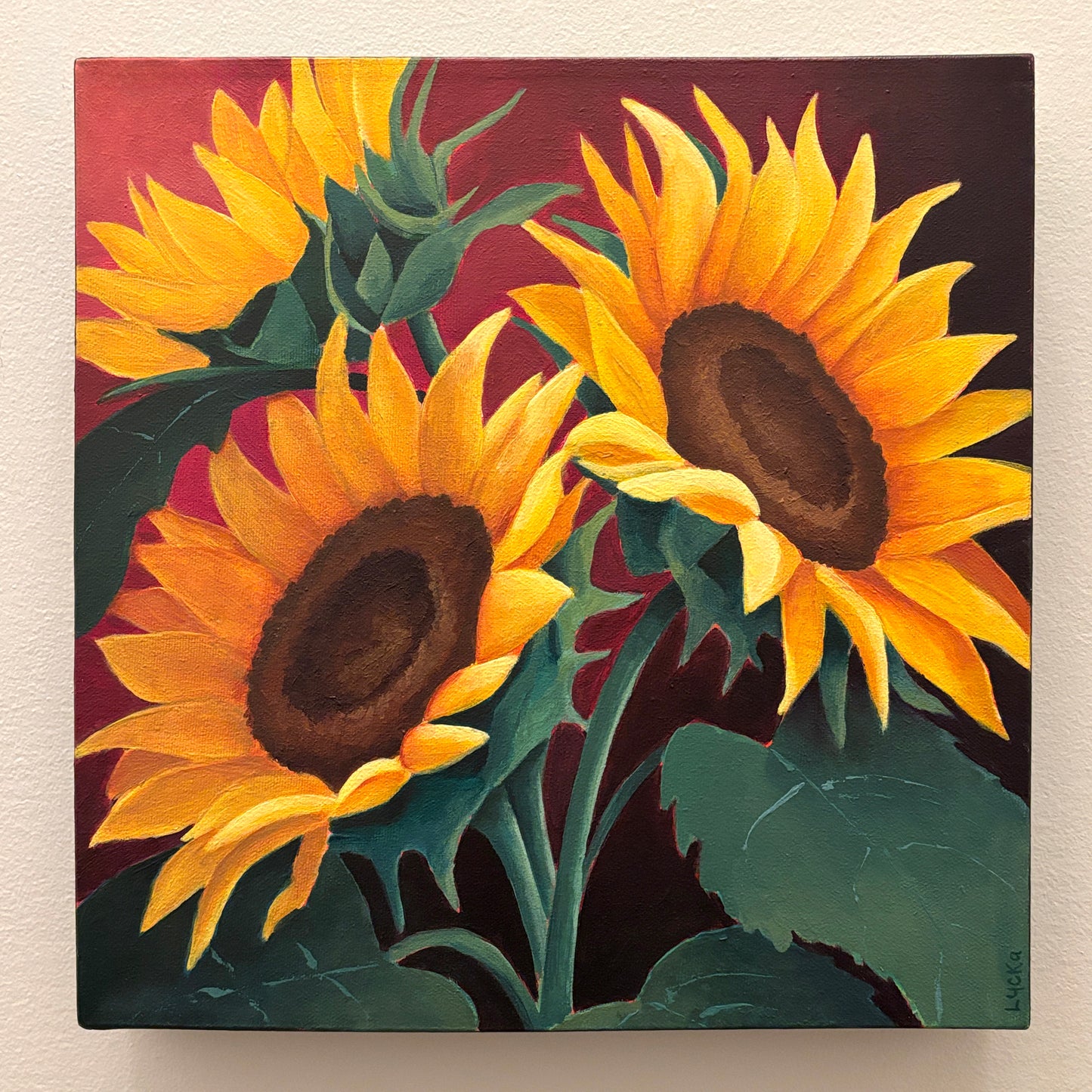3 Sunflowers Flowers Original Painting 12 x 12 inch