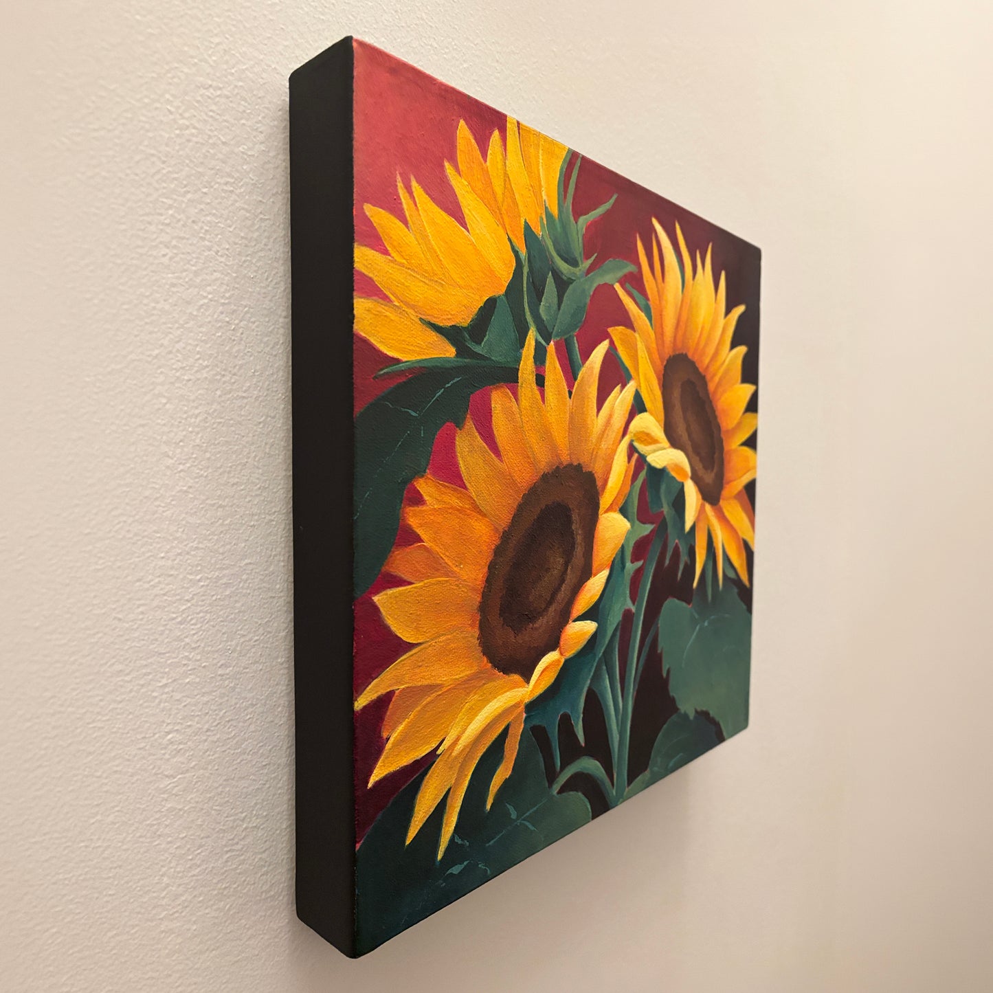 3 Sunflowers Flowers Original Painting 12 x 12 inch