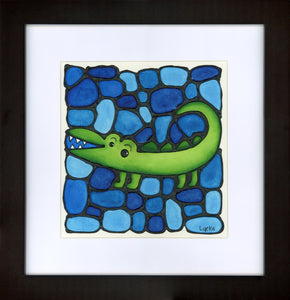 Alligator Original Painting 14" x 14" Framed
