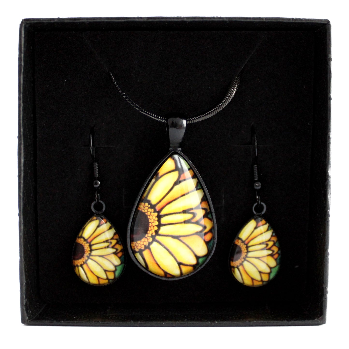 Yellow Daisy Black Teardrop Jewellery Set
