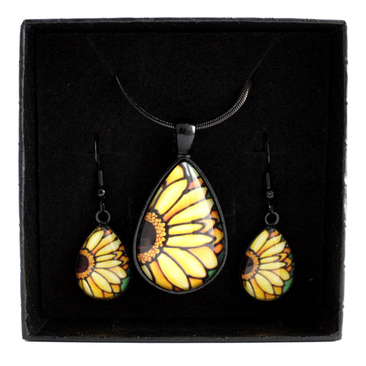 Yellow Daisy Black Teardrop Jewellery Set