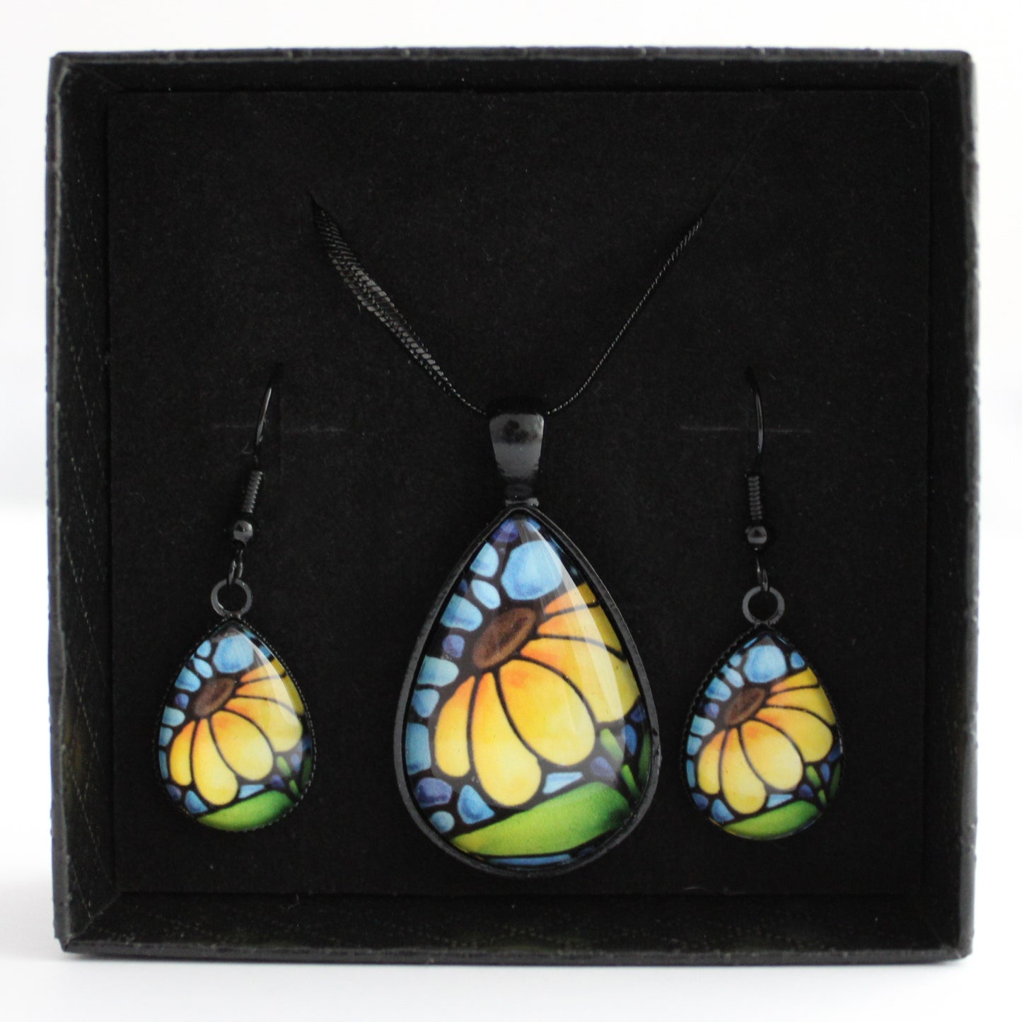 Yellow Sunflower Black Teardrop Jewellery Set