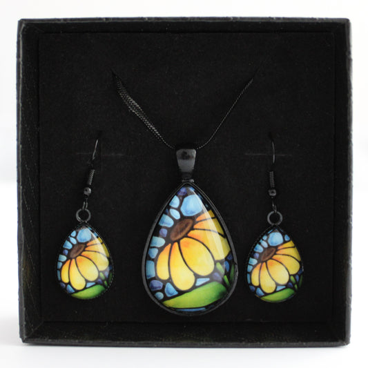 Yellow Sunflower Black Teardrop Jewellery Set