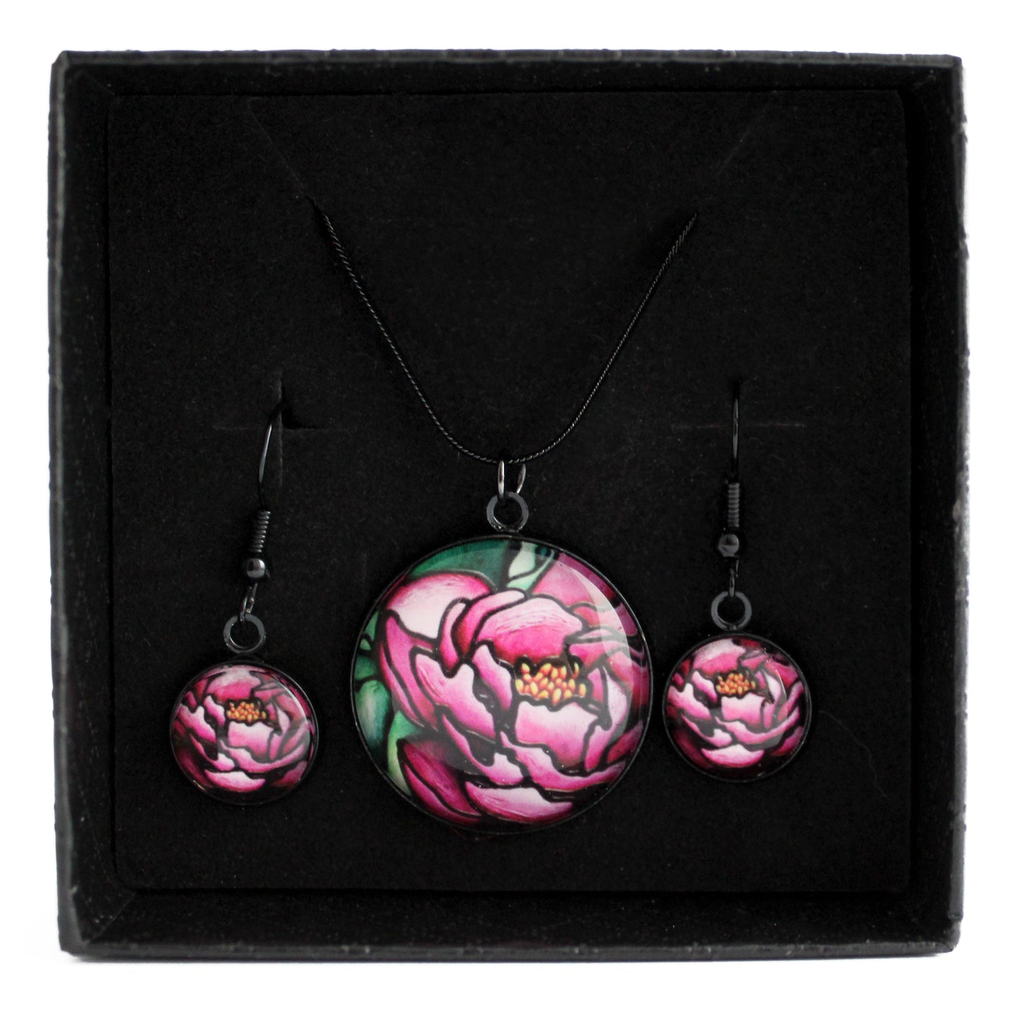 Pink Peony Circle Black Jewellery Set