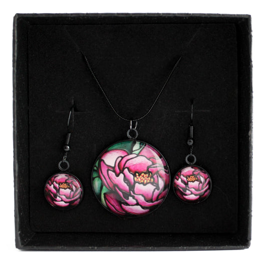 Pink Peony Circle Black Jewellery Set