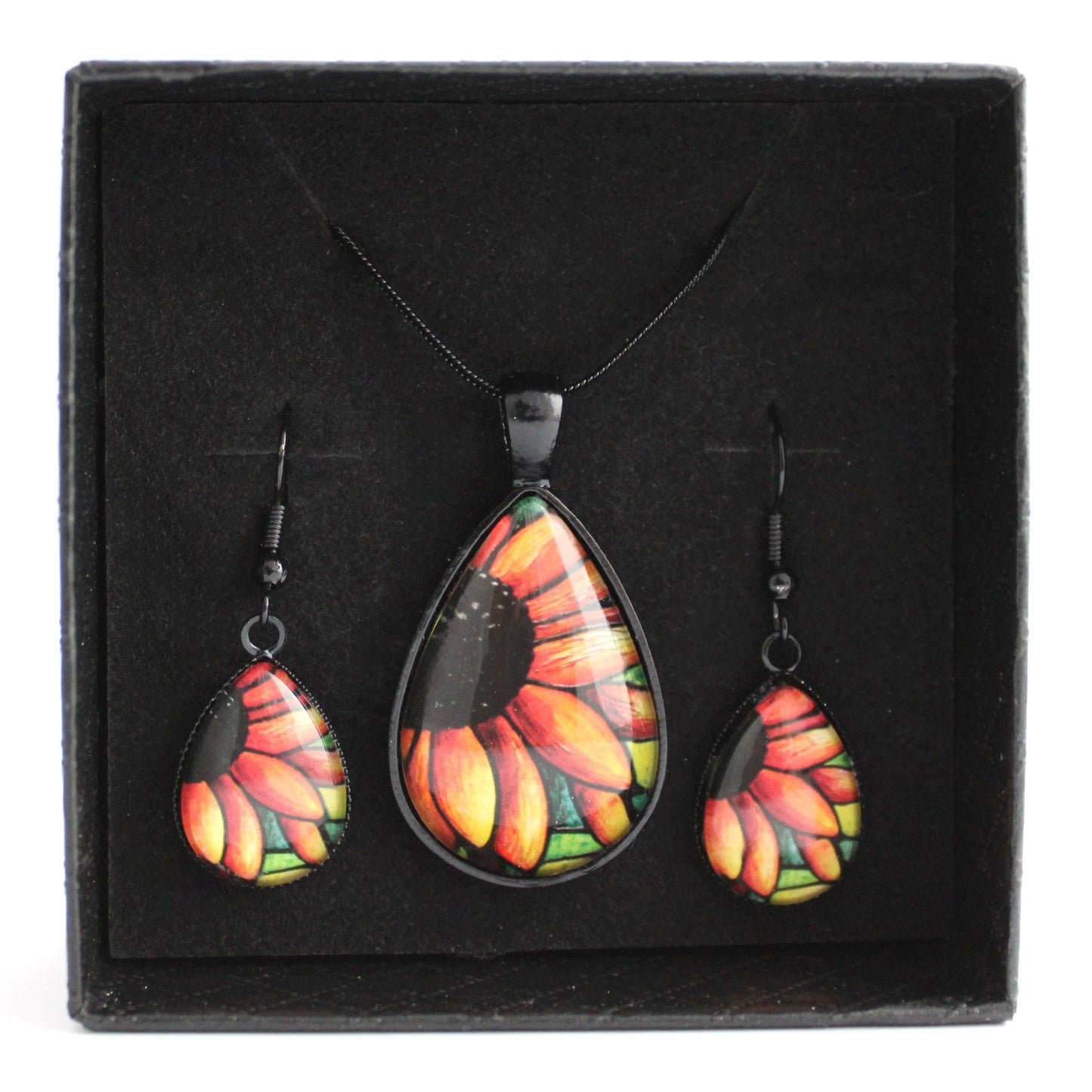 Red Sunflower Black Teardrop Jewellery Set