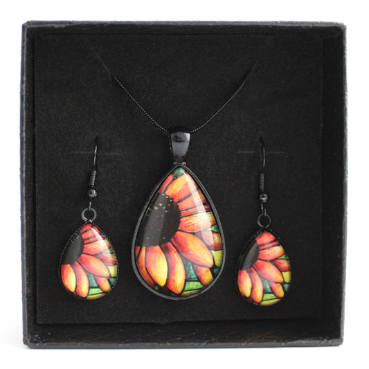 Red Sunflower Black Teardrop Jewellery Set