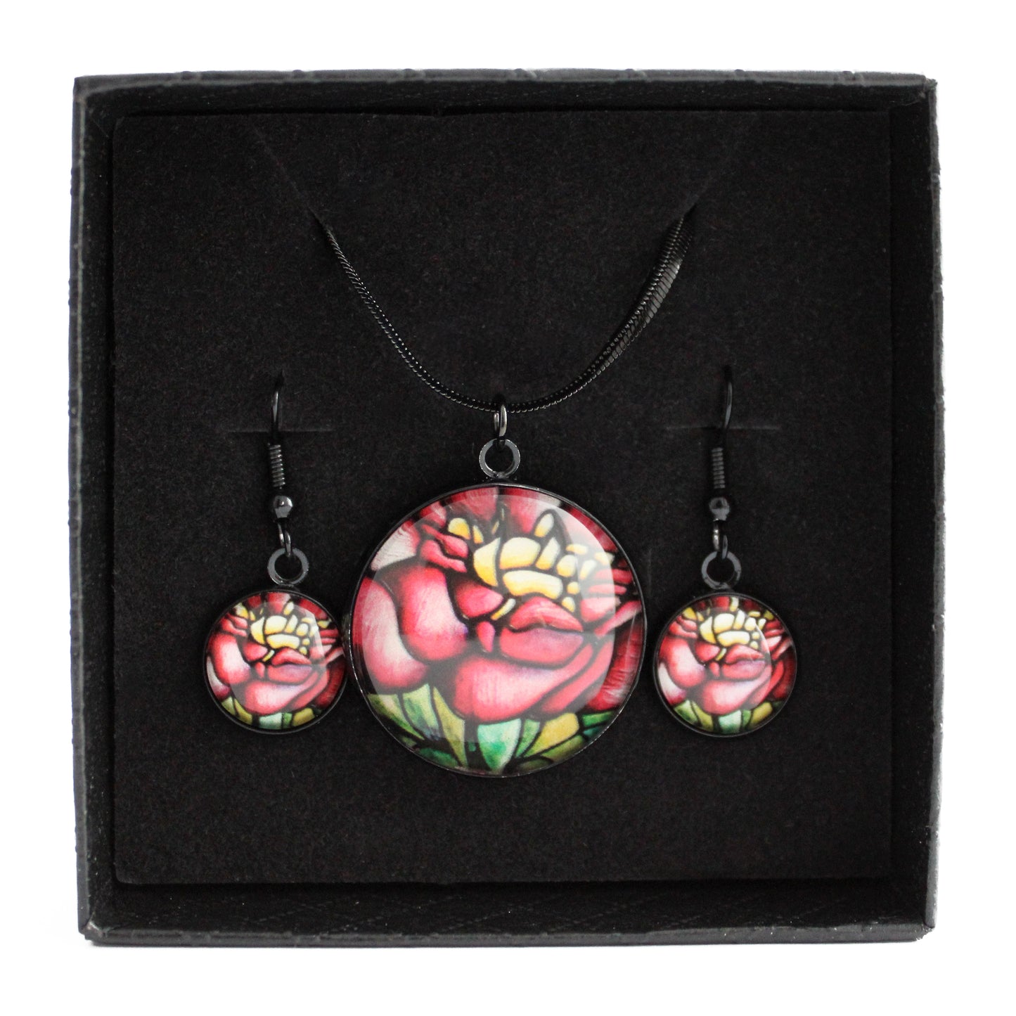 Red Peony Circle Black Jewellery Set