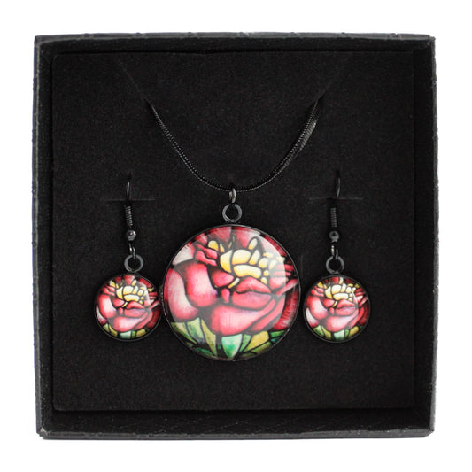 Red Peony Circle Black Jewellery Set